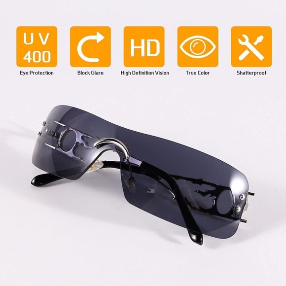 Rimless Y2K Rectangle Black Sunglasses for Women and Men Vintage Retro Eyewear